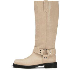 Women's Tan Knee High Boots Slip On Riding Boots With Buckle Sexy Squared Toe